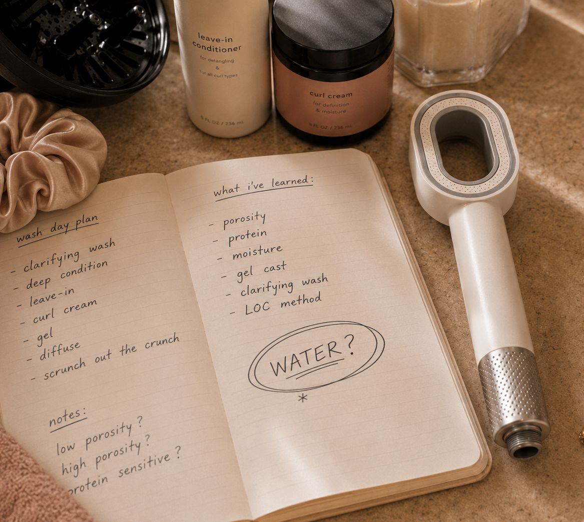 Lavero shower filter beside a wash day journal and curl products